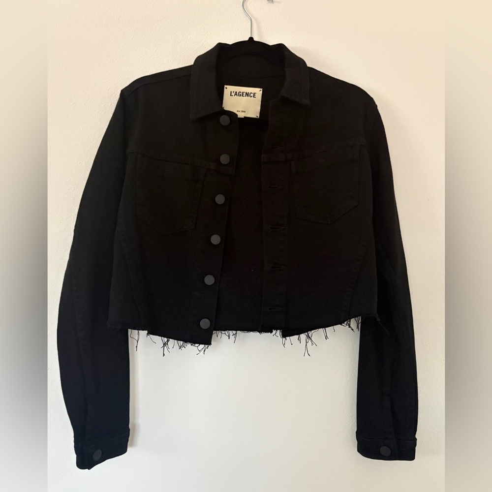 L’AGENCE Black Aria Safety Pin Cropped Distressed Hem Denim Jacket RARE - Picture 2 of 9